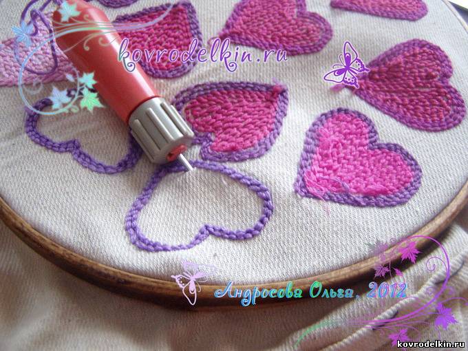 ковровая вышивка, мягкие сердечки, техника продергивания, как вышивать ковровой иглой
